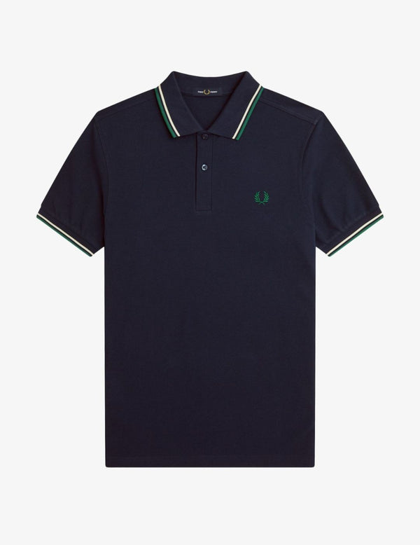 Fred Perry Polo M3600 Carbono oscuro / Crudo claro / Verde etiqueta